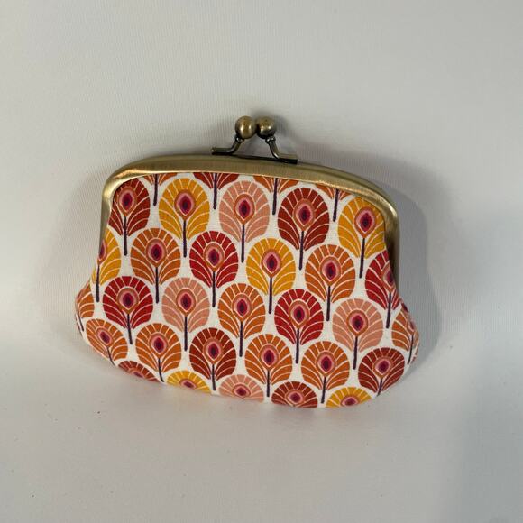 Vintage Twin Metal Frame Change Purse Dual Clasp London Floral Orange 5.5x4.5 - Picture 2 of 6